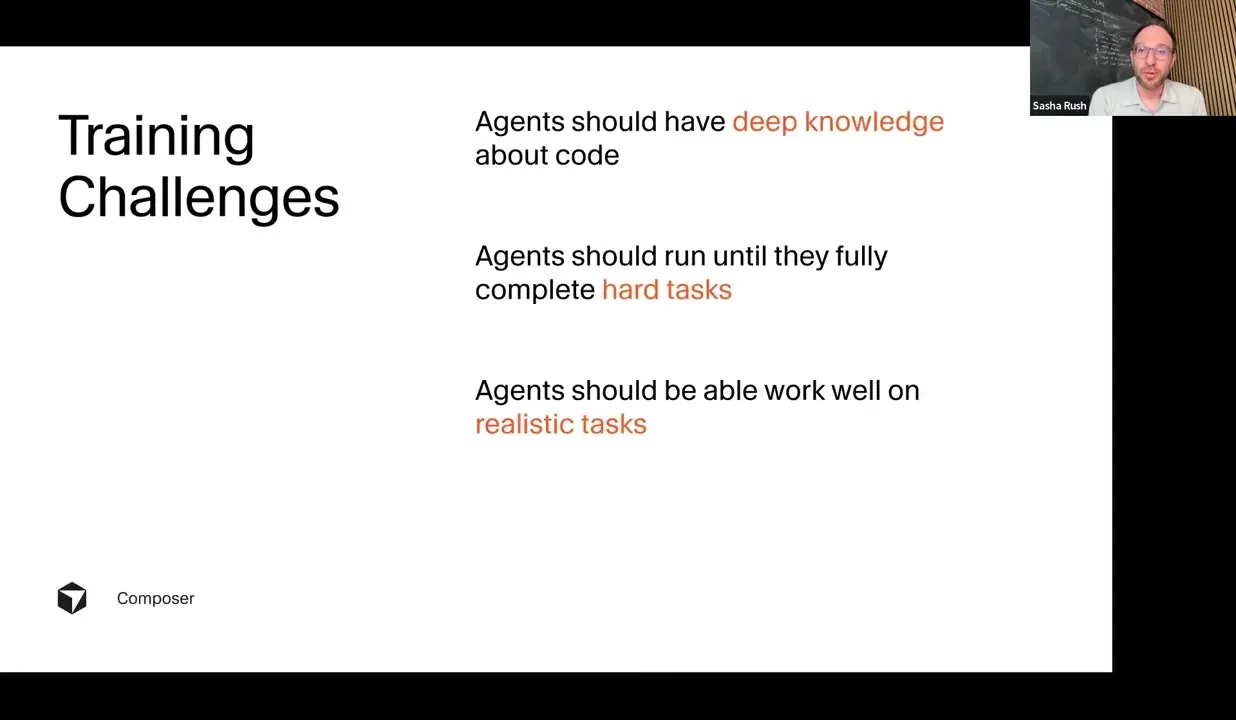 Slide listing the three training challenges: deep coding knowledge, completing hard tasks, and handling realistic tasks.