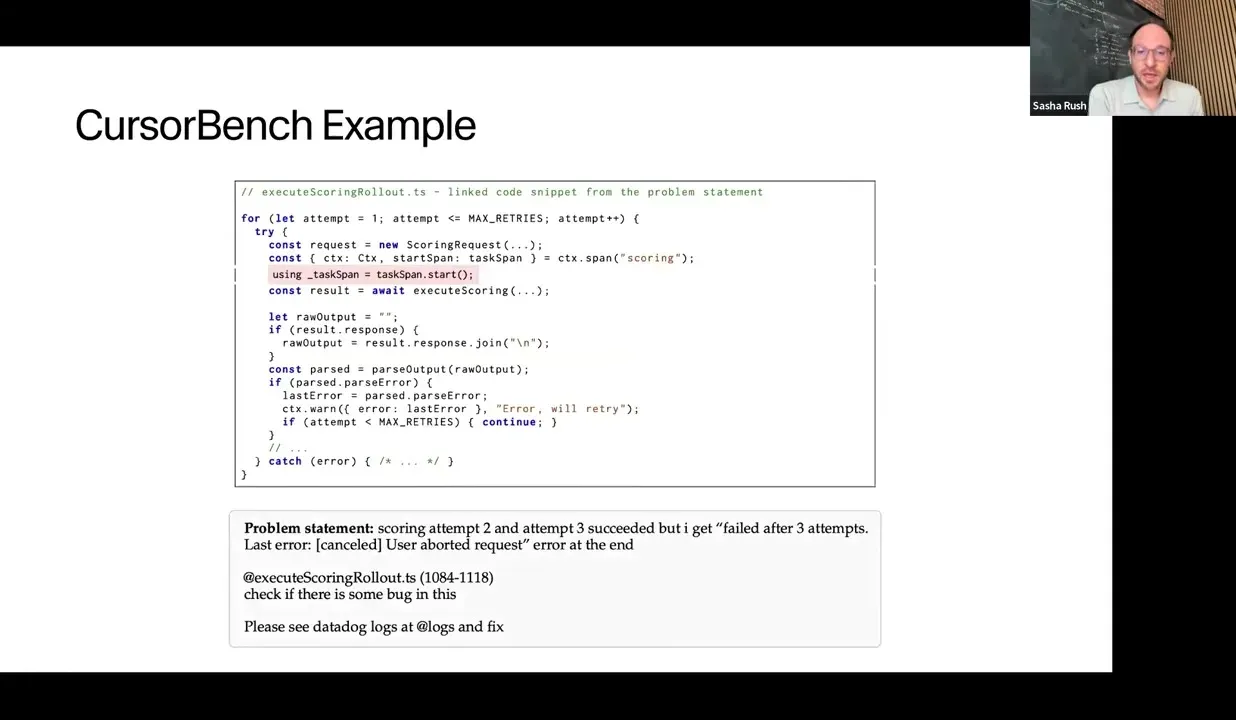 Example CursorBench task with messy real-world instructions and logs.