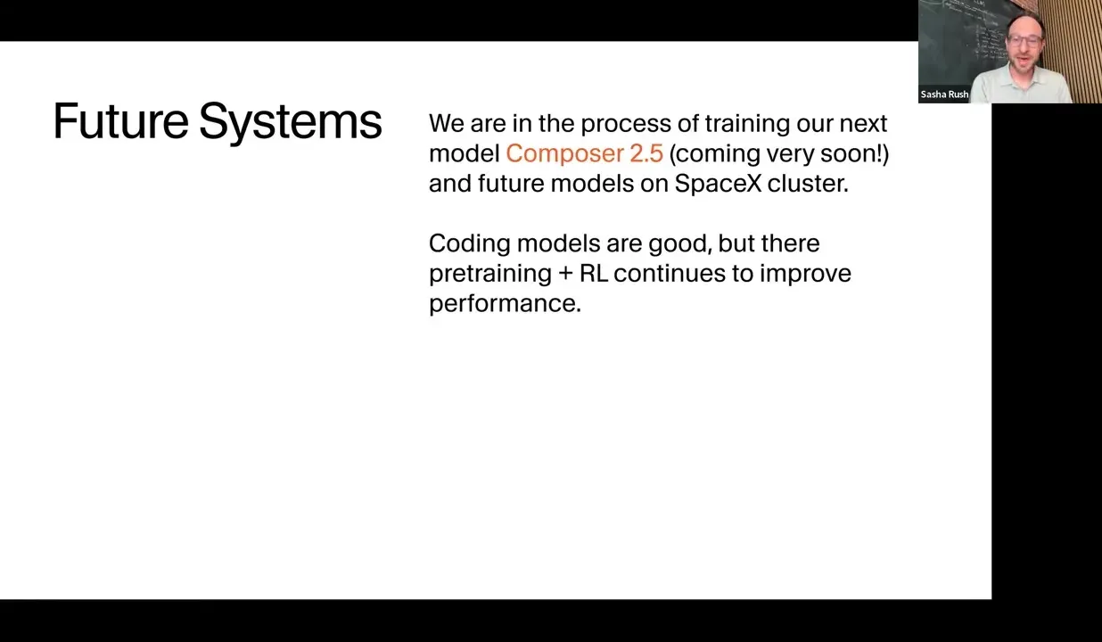 Future systems slide showing Composer 2.5, Composer 3, and larger training clusters.